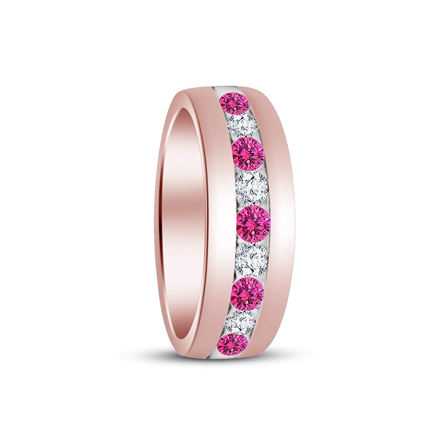atjewels Round Cut Pink Sapphire & White CZ 14k Rose Gold Over .925 Sterling Silver Wedding Band Ring For Women's and Girl's For Diwali Special - atjewels.in