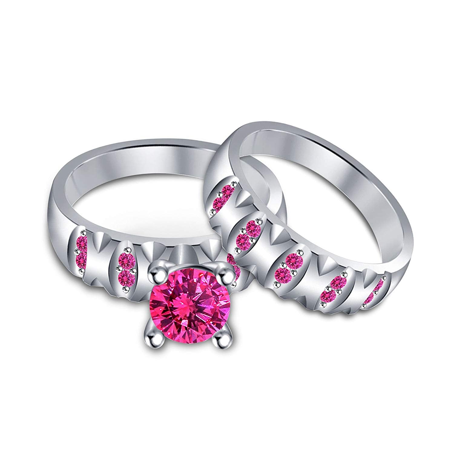 atjewels 14k White Gold Over 925 Silver Pink Sapphire Bridal Ring Set Size US 5 MOTHER'S DAY SPECIAL OFFER - atjewels.in