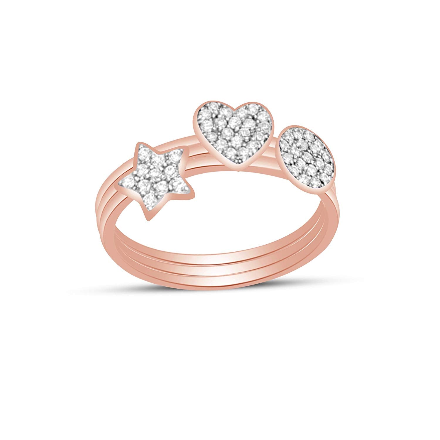 atjewels Round White Zirconia 14K Rose Gold Plated On 925 Sterling Silver Heart and Star Trio Ring MOTHER'S DAY SPECIAL OFFER - atjewels.in