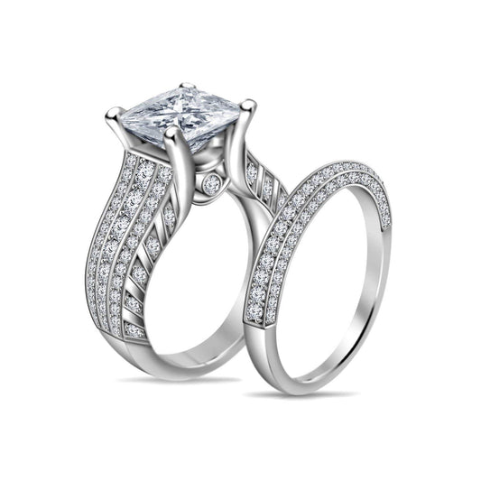 atjewels 14K White Gold Plated on 925 Silver Princess and Round White CZ Bridal Ring Set Size US 7 MOTHER'S DAY SPECIAL OFFER - atjewels.in