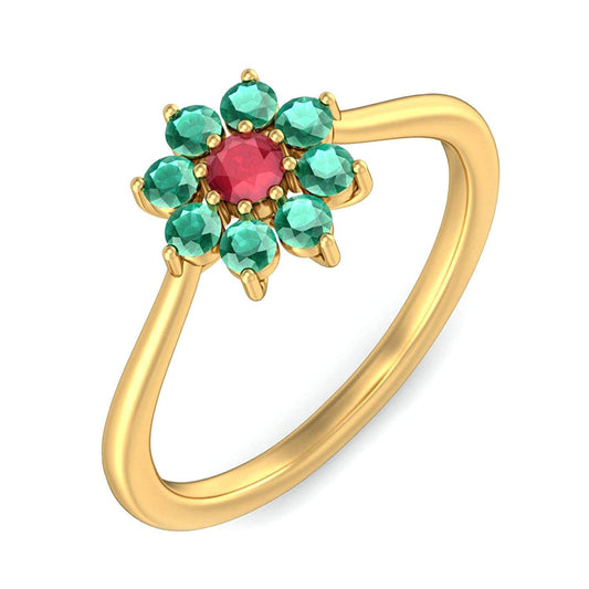 atjewels 14k Yellow Gold Over .925 Sterling Silver Round Cut Red Garnet & Green Emerald Flower Ring For Girl's And Women's For Navratri Special - atjewels.in
