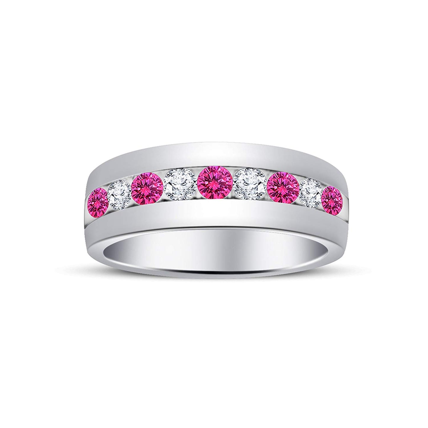atjewels Round Cut Pink Sapphire & White CZ .925 Sterling Silver Wedding Band Ring For Women's and Girl's For Diwali Special - atjewels.in