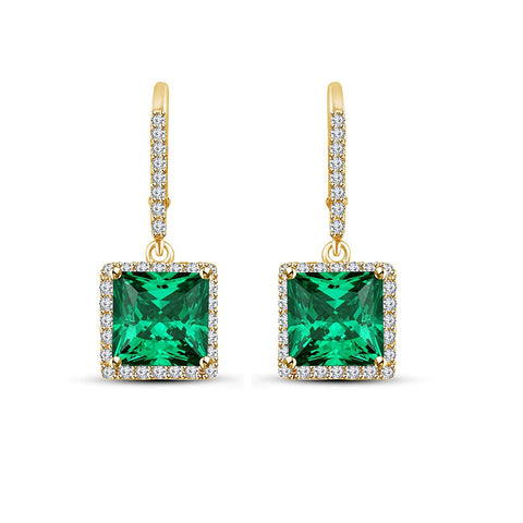 atjewels 14K Yellow Gold Over 925 Sterling Princess Green Emerald & Round White CZ Dangle Earrings MOTHER'S DAY SPECIAL OFFER - atjewels.in