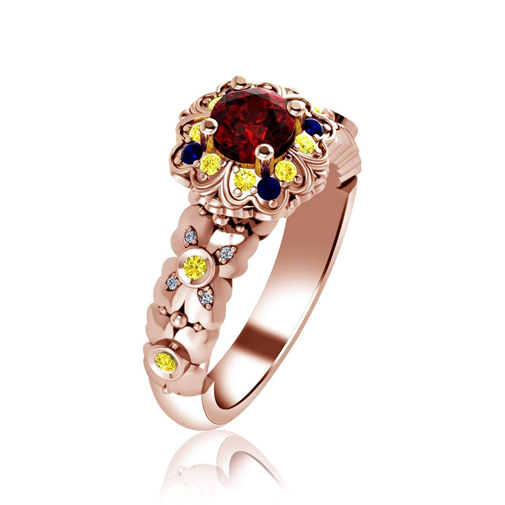 1.43 CT 14k Rose Gold Over Round Cut Ruby 925 Sterling Silver With Round Black Cubic Zirconia & Cetrine  Princess Solitaire with Accents Engagement Wedding Ring - atjewels.in