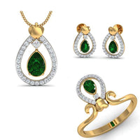 atjewels Pear & Round Cut Green Emerald & White CZ 14k Yellow Gold Over .925 Sterling Silver Earring, Ring & Pendant Jewelry Set For Women's/Girl's For Ganesh Chaturthi Special - atjewels.in