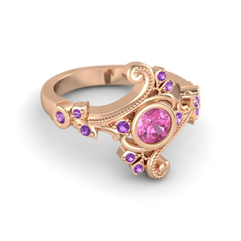 atjewels 14K Rose Gold Over 925 Silver Pink Sapphire and Ametheyst Disney Princess Engagement and Flamenco Ring MOTHER'S DAY SPECIAL OFFER - atjewels.in