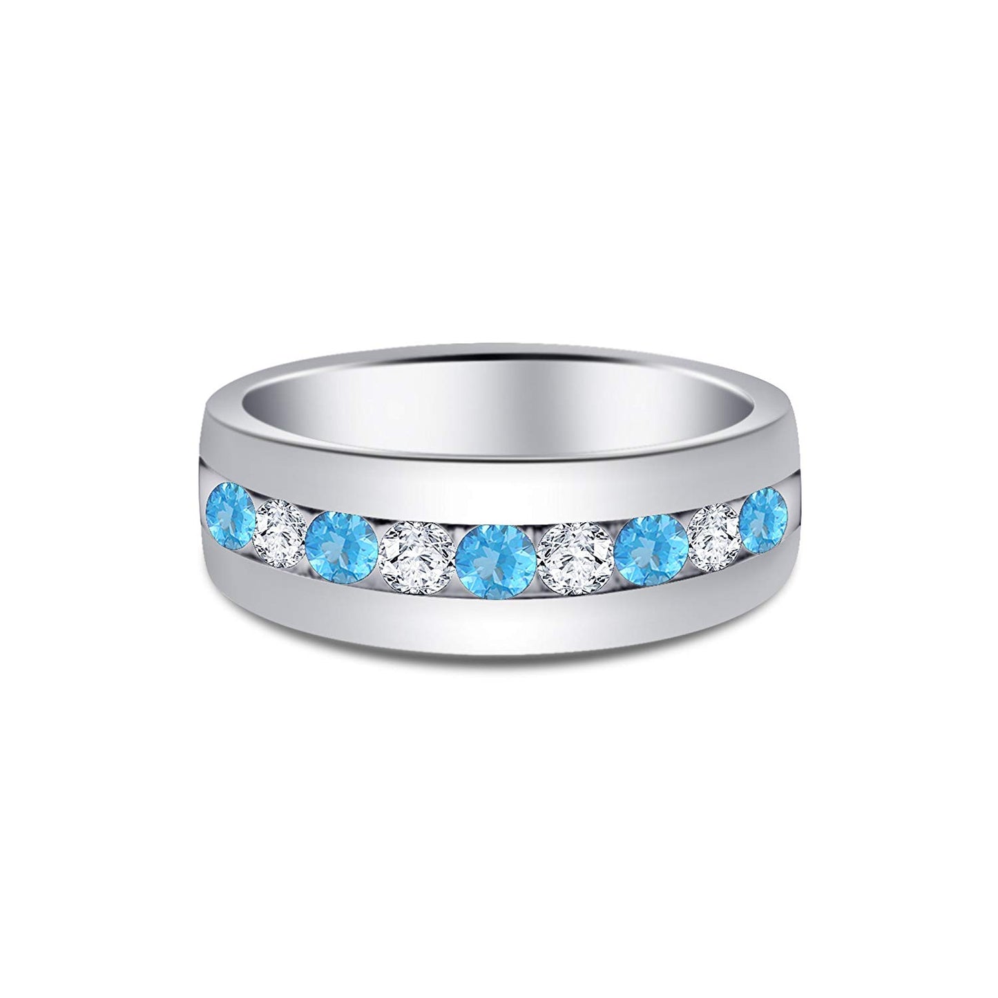 atjewels Round Cut Aquamarine & White CZ .925 Sterling Silver Wedding Band Ring For Women's and Girl's For Diwali Special - atjewels.in