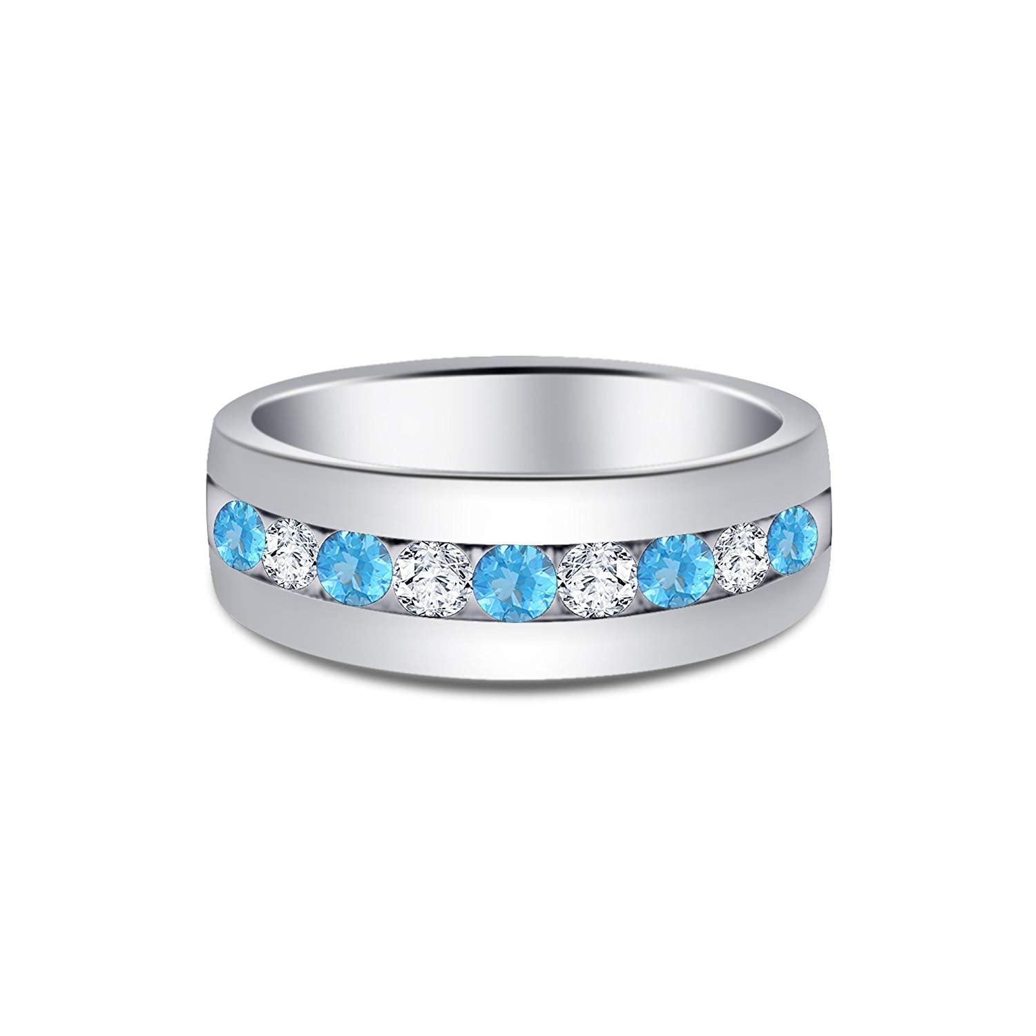 atjewels Round Cut Aquamarine & White CZ .925 Sterling Silver Wedding Band Ring For Women's and Girl's For Diwali Special - atjewels.in