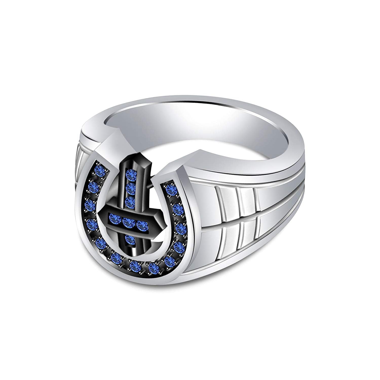 atjewels14K White and Black Gold Plated 925 Silver Round Blue Sapphire Cross Ring For Women MOTHER'S DAY SPECIAL OFFER - atjewels.in