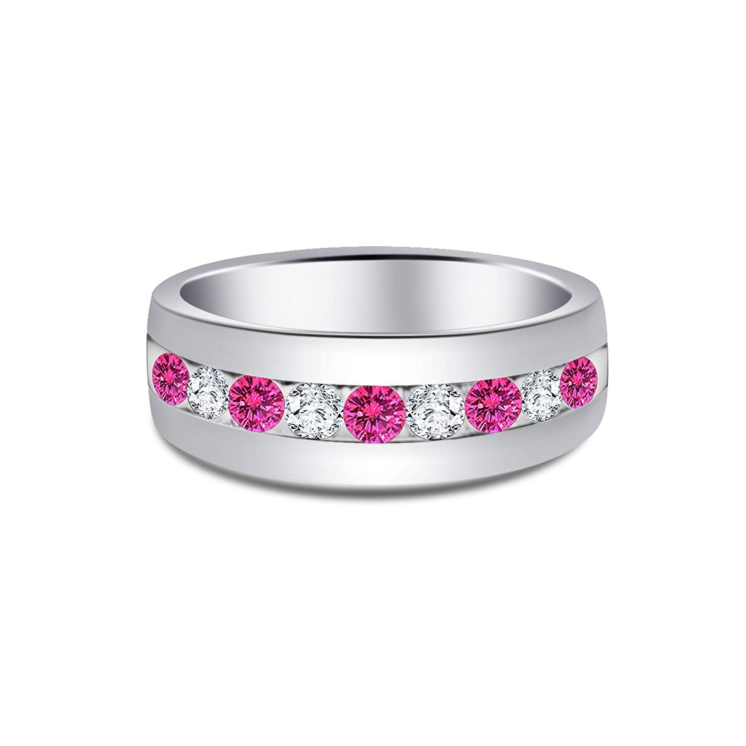 atjewels Round Cut Pink Sapphire & White CZ .925 Sterling Silver Wedding Band Ring For Women's and Girl's For Diwali Special - atjewels.in