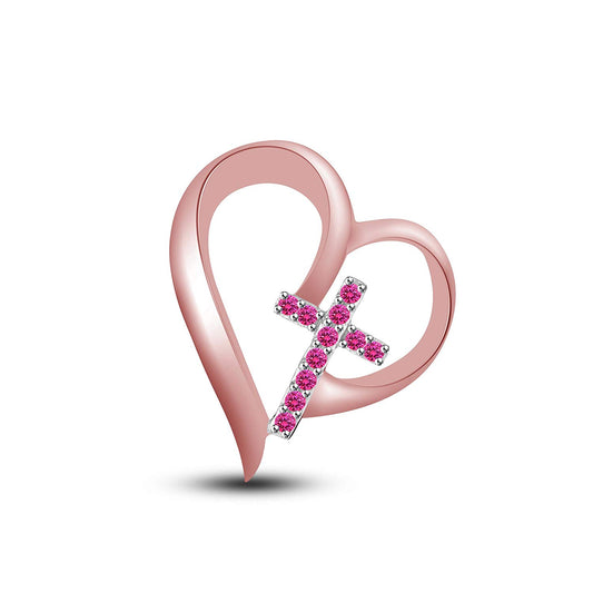atjewels 18K Rose Gold on 925 Sterling Silver Round Pink Sapphire Love and Cross Pendant MOTHER'S DAY SPECIAL OFFER - atjewels.in