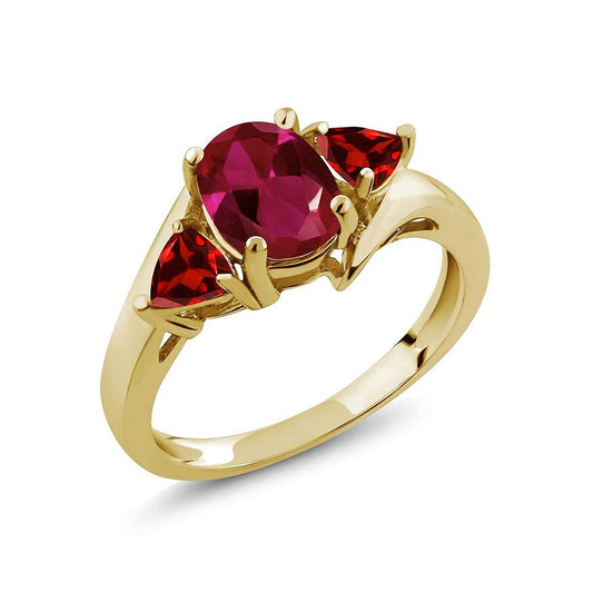 atjewels 14K Yellow Gold Over 925 Sterling Silver Oval and Triangle Pink and Red Ruby Three Stone Ring MOTHER'S DAY SPECIAL OFFER - atjewels.in