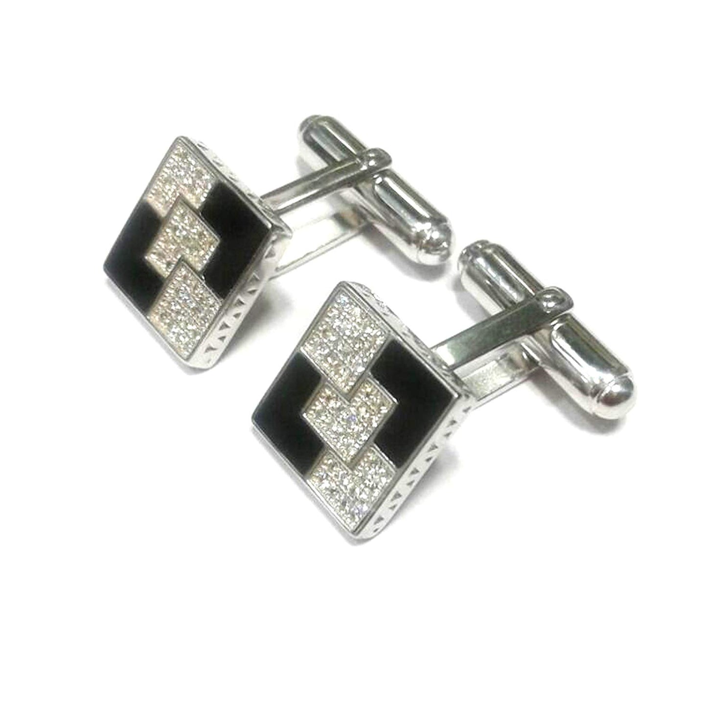 atjewels .925 Sterling silver Round Cut White Cubic Zircon With Black Color Eneamel Pair Of Cufflink For Men MOTHER'S DAY SPECIAL OFFER - atjewels.in