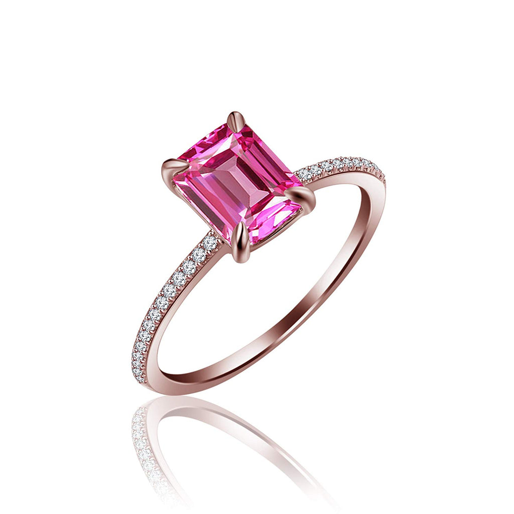 14K Rose Gold Over 925 Sterling Silver Emerald Cut Pink Sapphire Solitaire With Accents Engagment Ring For Women's - atjewels.in