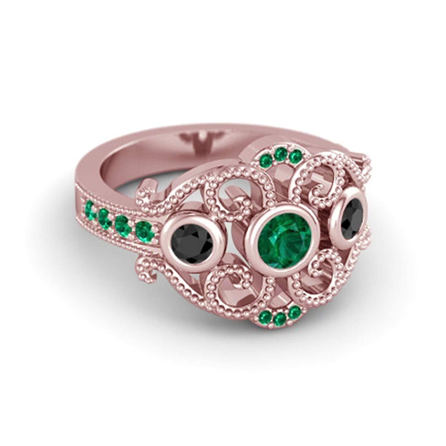 atjewels 14k Rose Gold On 925 Silver Green Emerald and Black CZ  Princess M Engagement Ring MOTHER'S DAY SPECIAL OFFER - atjewels.in