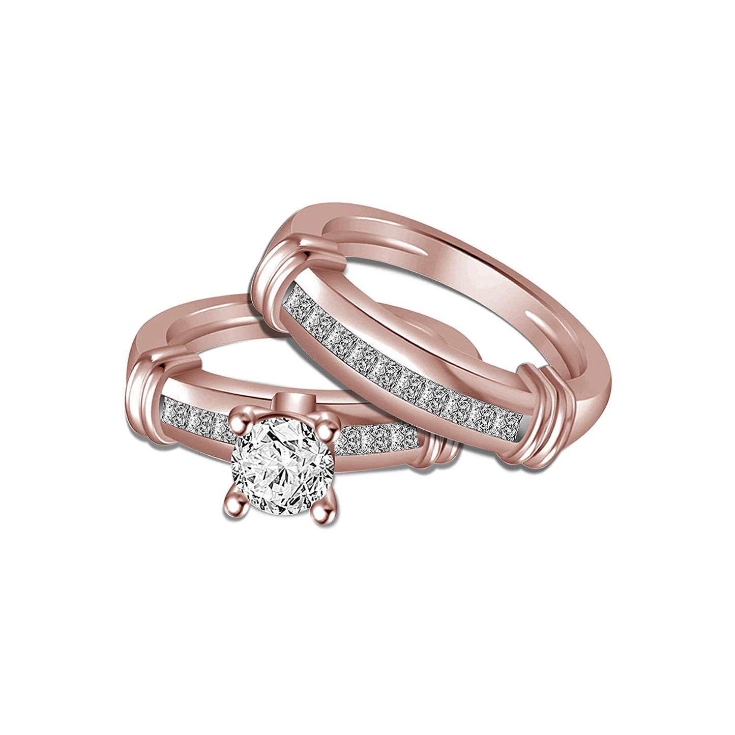 atjewels 14K Rose Gold Over 925 Sterling Silver Round and Princess White CZ Engagement Trio Ring Set MOTHER'S DAY SPECIAL OFFER - atjewels.in