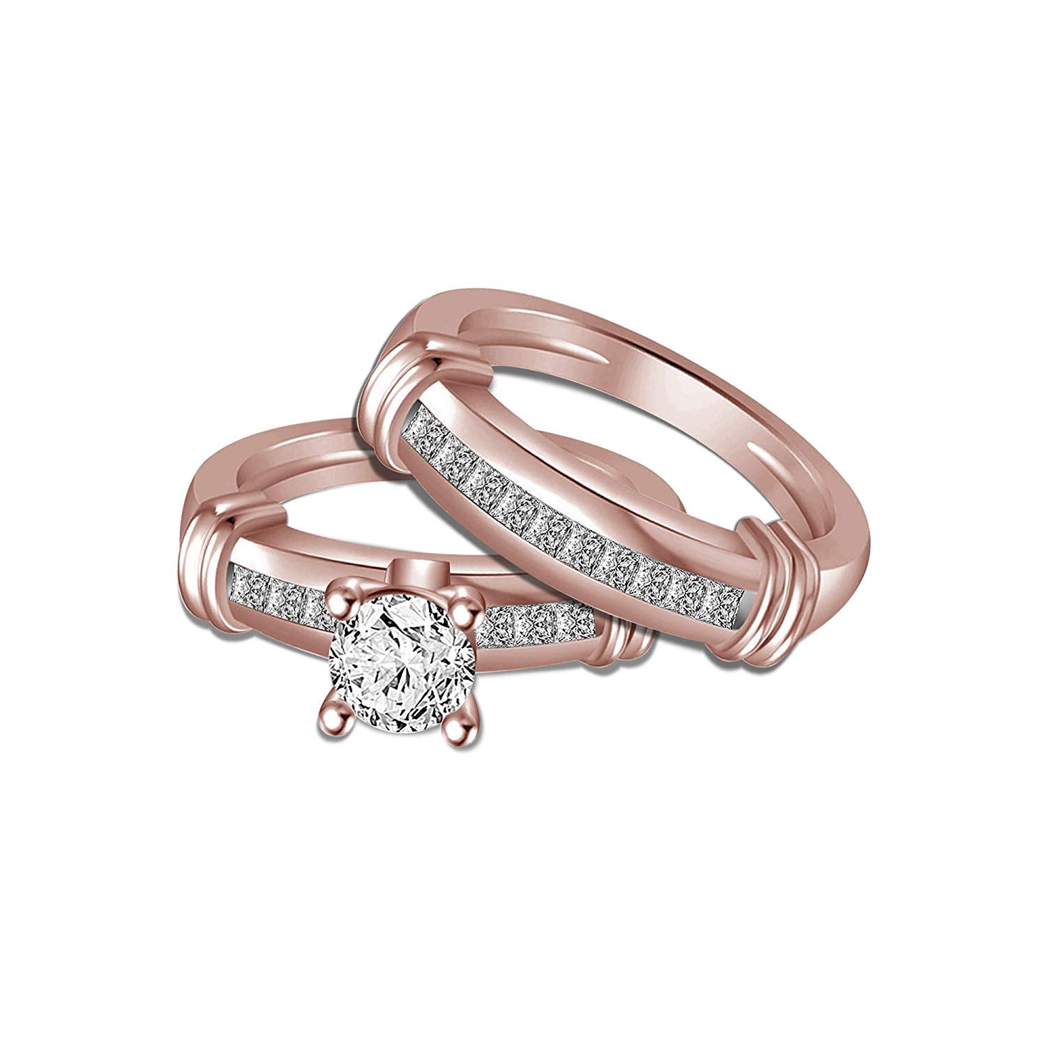 atjewels 14K Rose Gold Over 925 Sterling Silver Round and Princess White CZ Engagement Trio Ring Set MOTHER'S DAY SPECIAL OFFER - atjewels.in