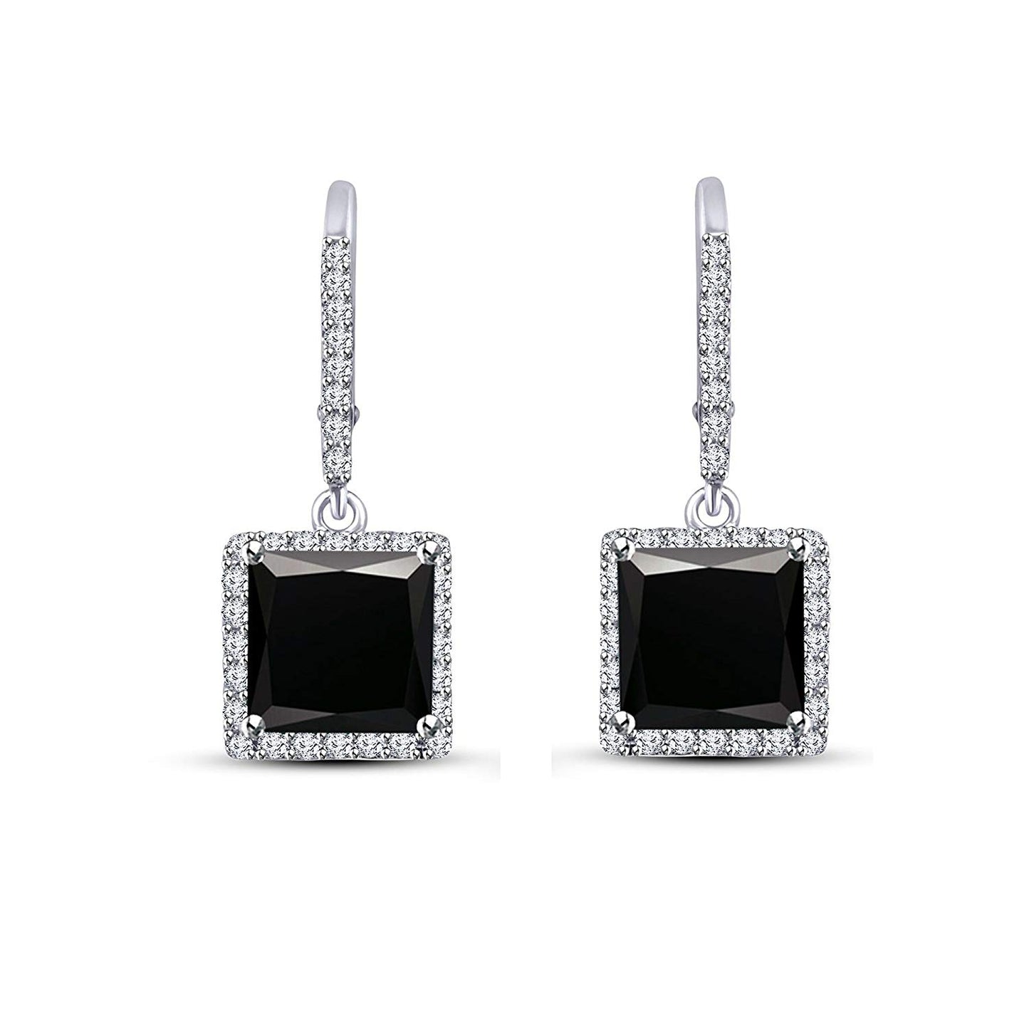 atjewels Princess Black and Round White Cubic Zirconia Sterling Silver 925 Lever Back Dangle Earrings MOTHER'S DAY SPECIAL OFFER - atjewels.in