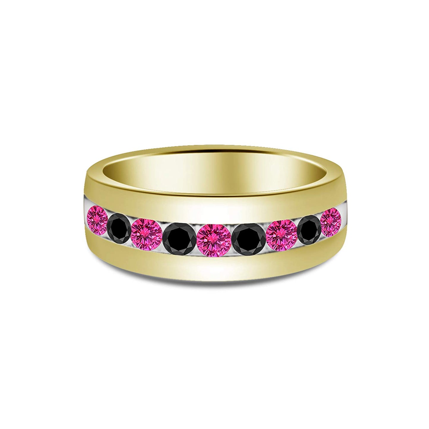 atjewels Round Cut Pink Sapphire & Black CZ 14k Yellow Gold Over .925 Sterling Silver Wedding Band Ring For Women's and Girl's For Diwali Special - atjewels.in
