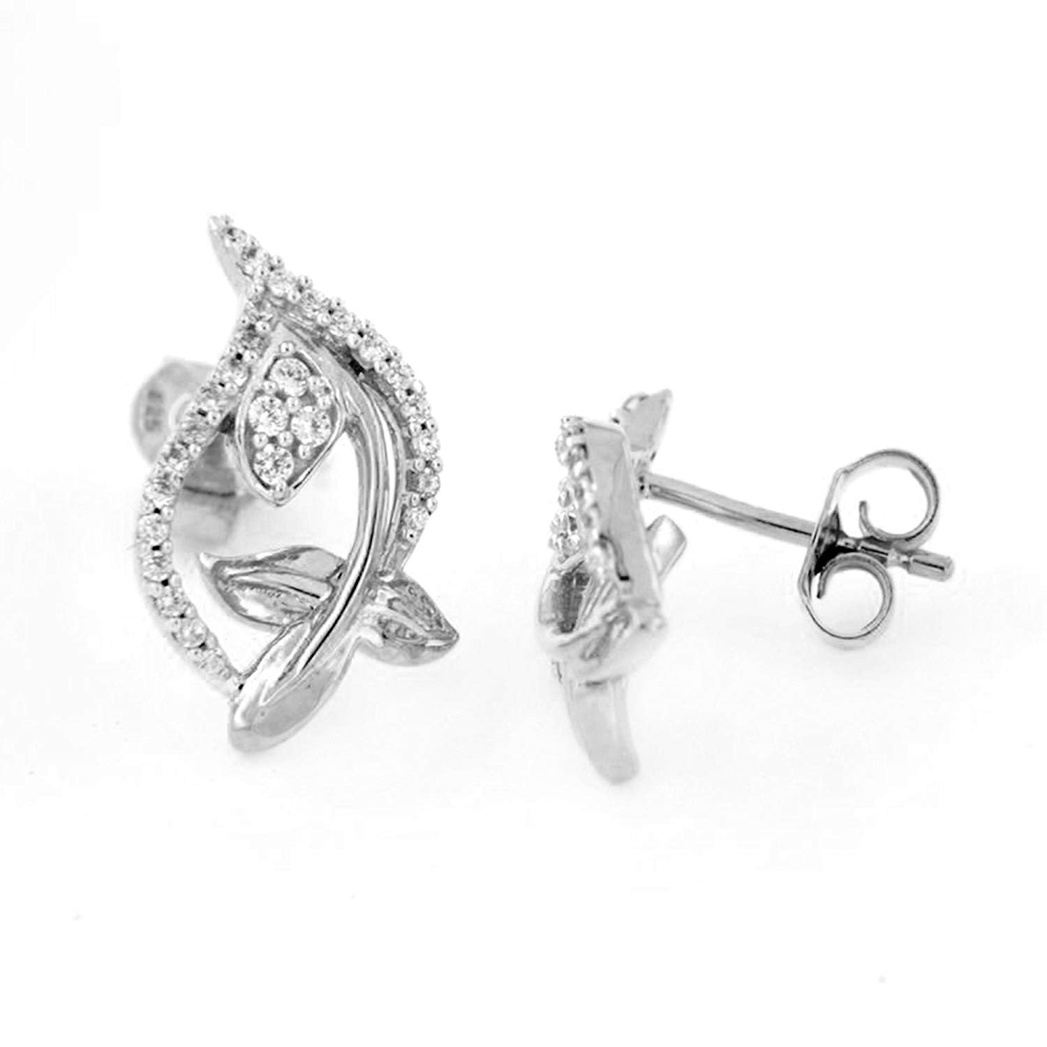 atjewels 18K White Gold Over Sterling Round White CZ Stylish Leaves Stud Earrings MOTHER'S DAY SPECIAL OFFER - atjewels.in
