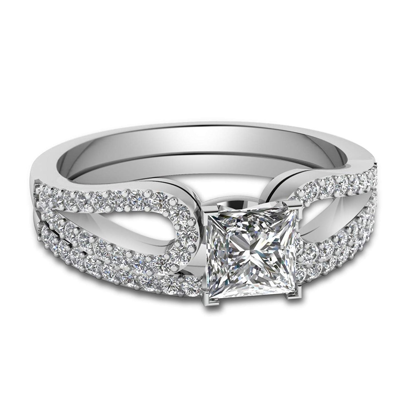 atjewels 14K White Gold Plated on 925 Sterling Silver Princess and Round Zirconia Engagement Bridal Ring Set MOTHER'S DAY SPECIAL OFFER - atjewels.in