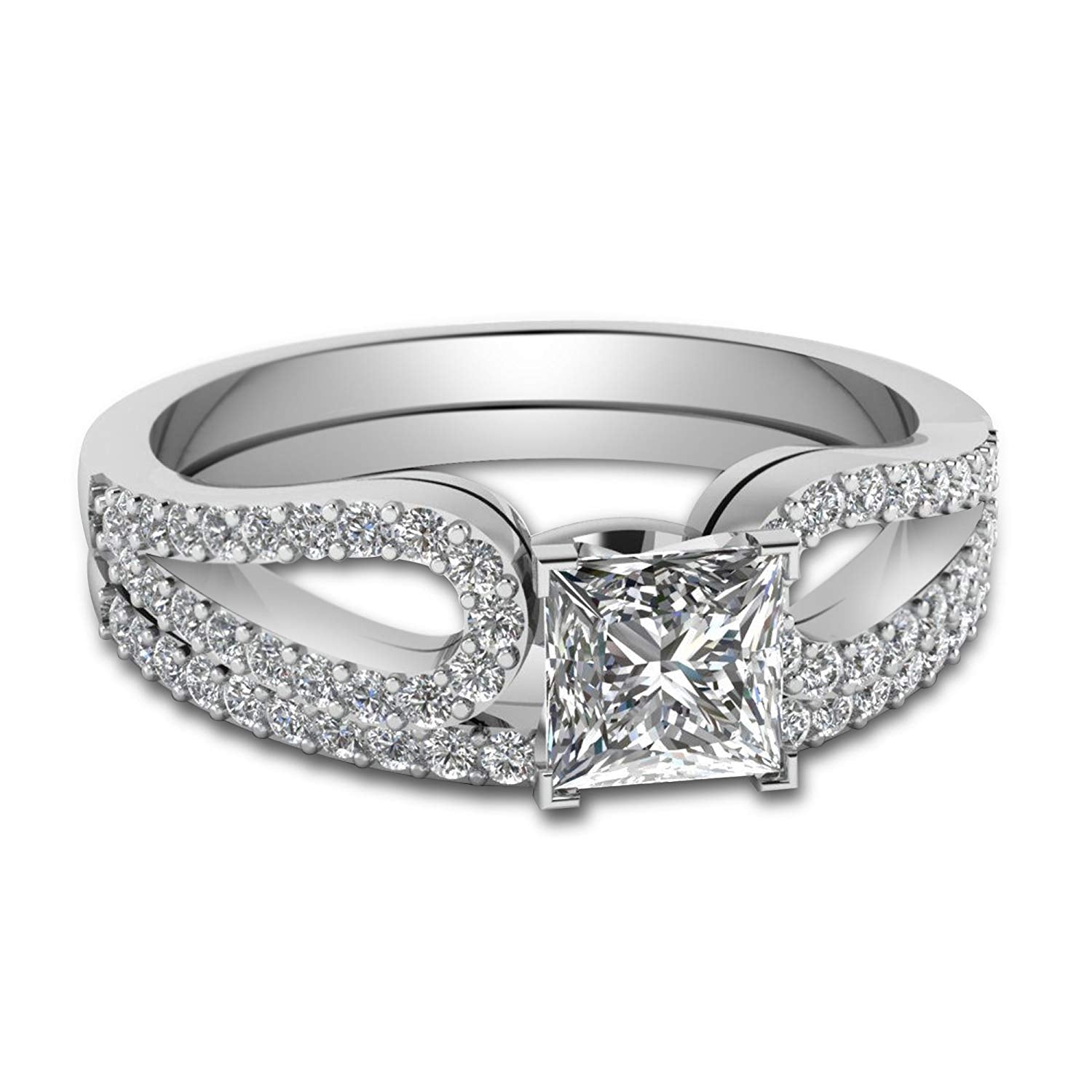 atjewels 14K White Gold Plated on 925 Sterling Silver Princess and Round Zirconia Engagement Bridal Ring Set MOTHER'S DAY SPECIAL OFFER - atjewels.in