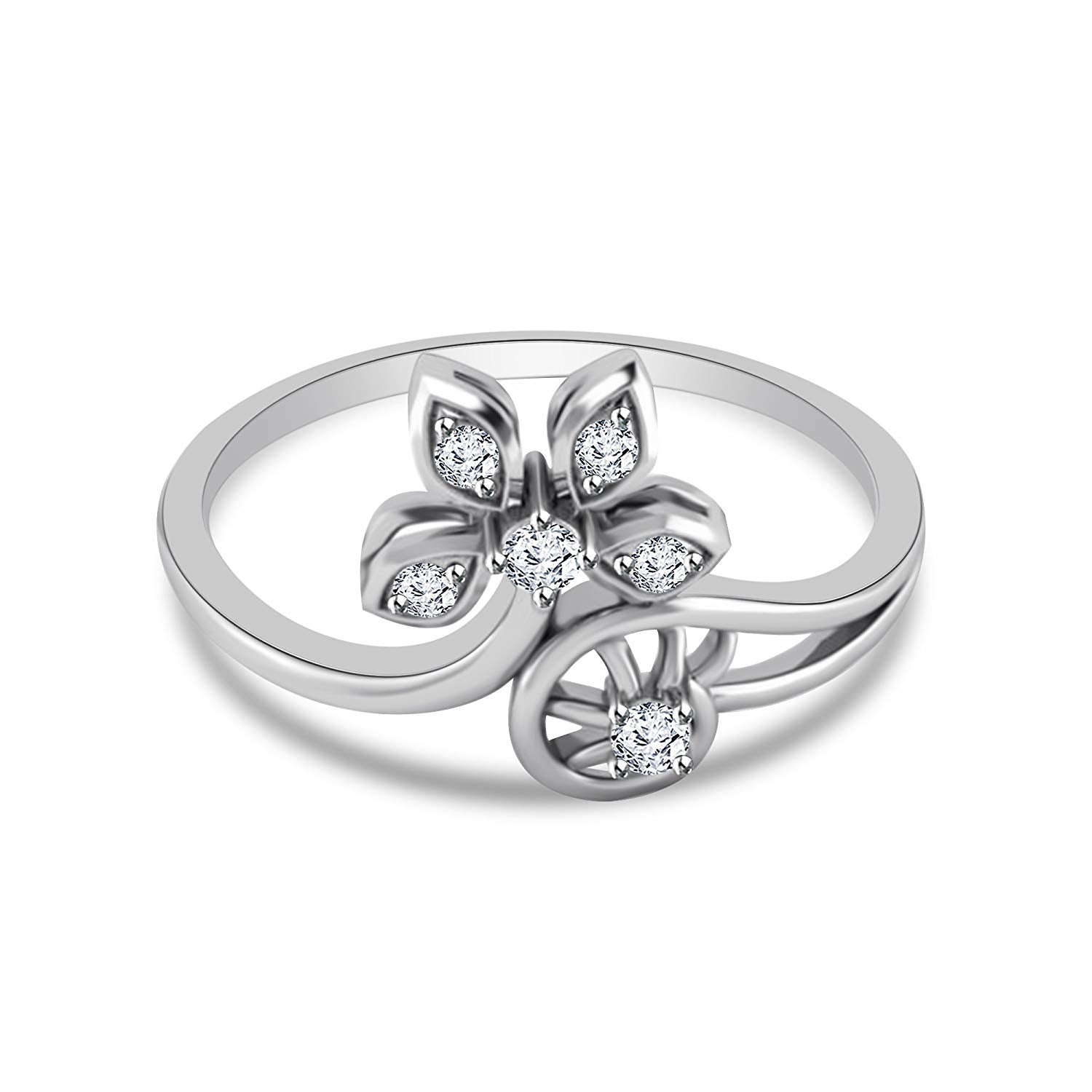 atjewels 14K White Gold on 925 Silver Round White Cubic Zirconia Bypass Flower Ring MOTHER'S DAY SPECIAL OFFER - atjewels.in