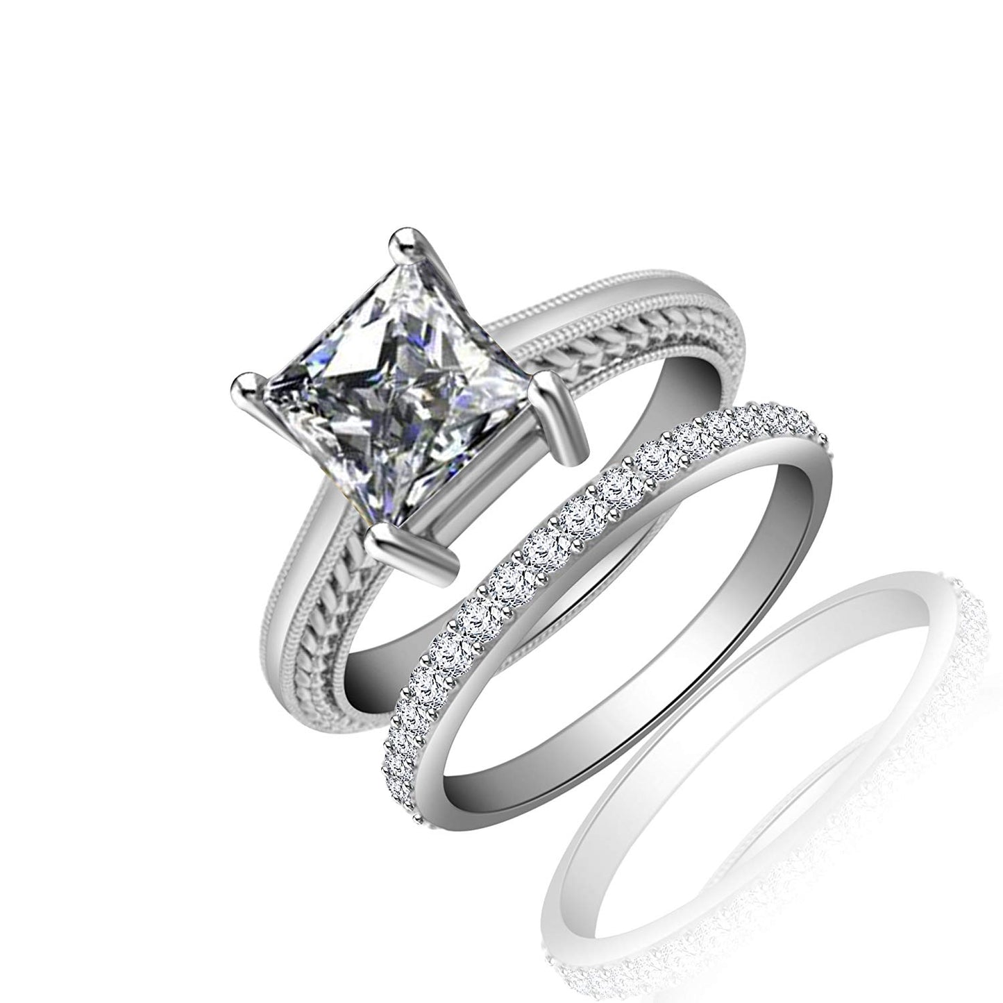 atjewels 18K White Gold Over 925 Sterling Silver Princess and Round White Zirconia Bridal Ring Set MOTHER'S DAY SPECIAL OFFER - atjewels.in