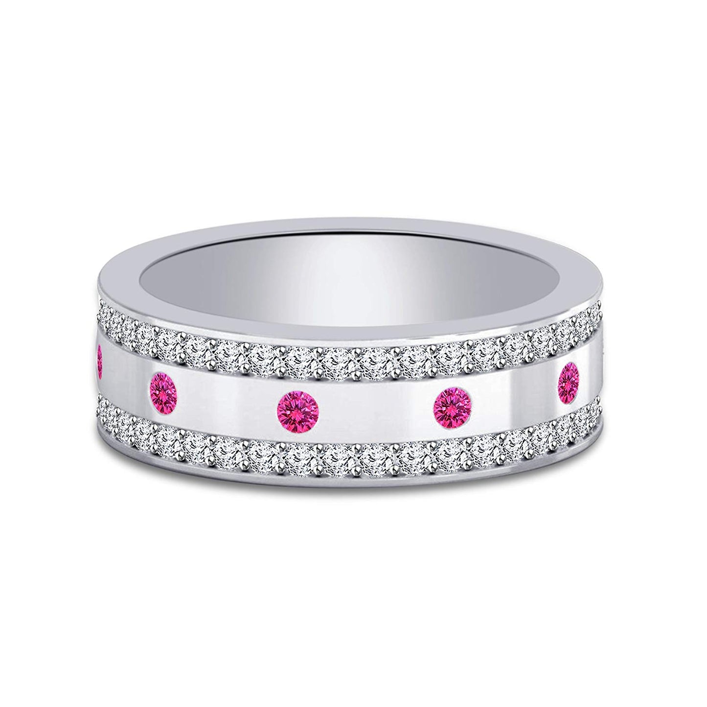 atjewels 14K White Gold Over 925 Sterling Silver Round Pink Sapphire and White CZ Wedding Band Ring MOTHER'S DAY SPECIAL OFFER - atjewels.in
