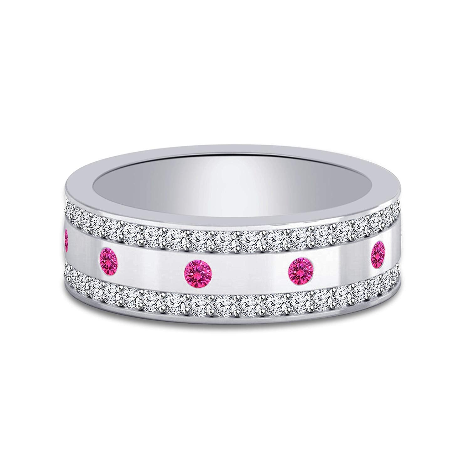 atjewels 14K White Gold Over 925 Sterling Silver Round Pink Sapphire and White CZ Wedding Band Ring MOTHER'S DAY SPECIAL OFFER - atjewels.in