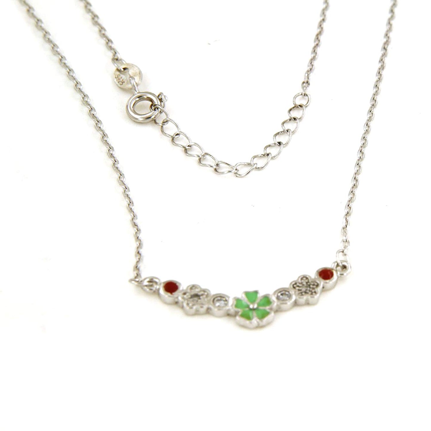 atjewels .925 Sterling Silver Round Cut White CZ & Enamel Flower Pendant w/ 14" Chain MOTHER'S DAY SPECIAL OFFER - atjewels.in