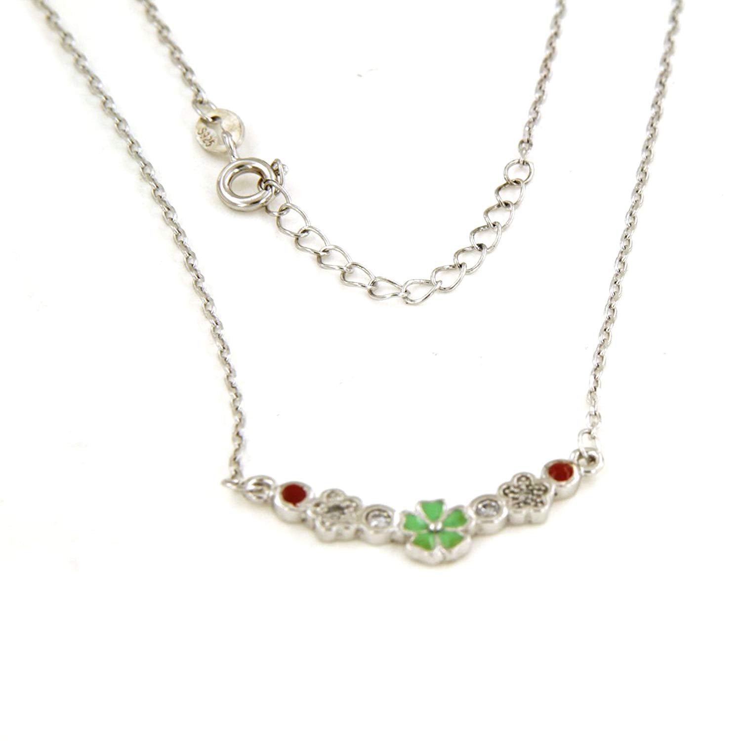 atjewels .925 Sterling Silver Round Cut White CZ & Enamel Flower Pendant w/ 14" Chain MOTHER'S DAY SPECIAL OFFER - atjewels.in