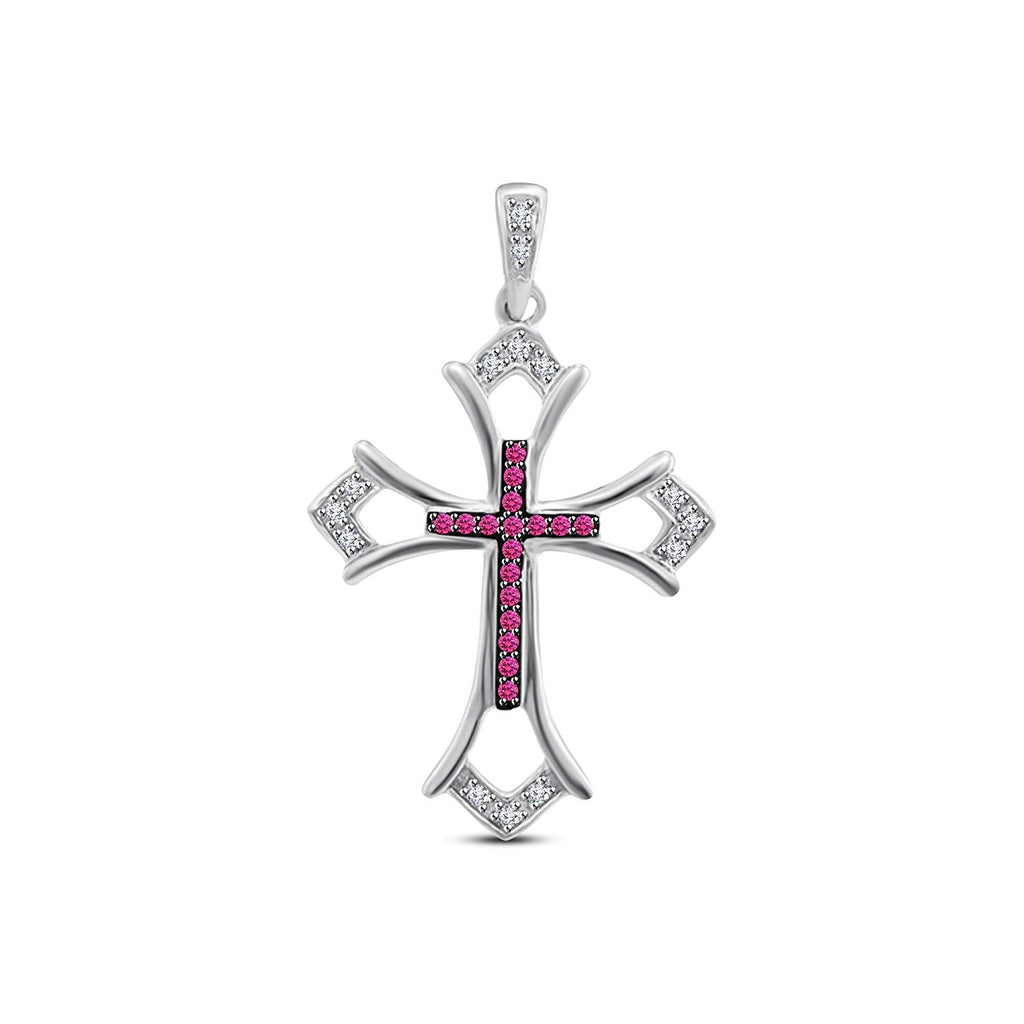 atjewels 14K Gold Over 925 Sterling Silver Round White and Pink Sapphire Cross Pendant Without Chain (White Gold Plated) MOTHER'S DAY SPECIAL OFFER - atjewels.in