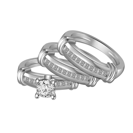 atjewels 14K White Gold Over 925 Sterling Silver Round White CZ Engagement Trio Ring Set MOTHER'S DAY SPECIAL OFFER - atjewels.in