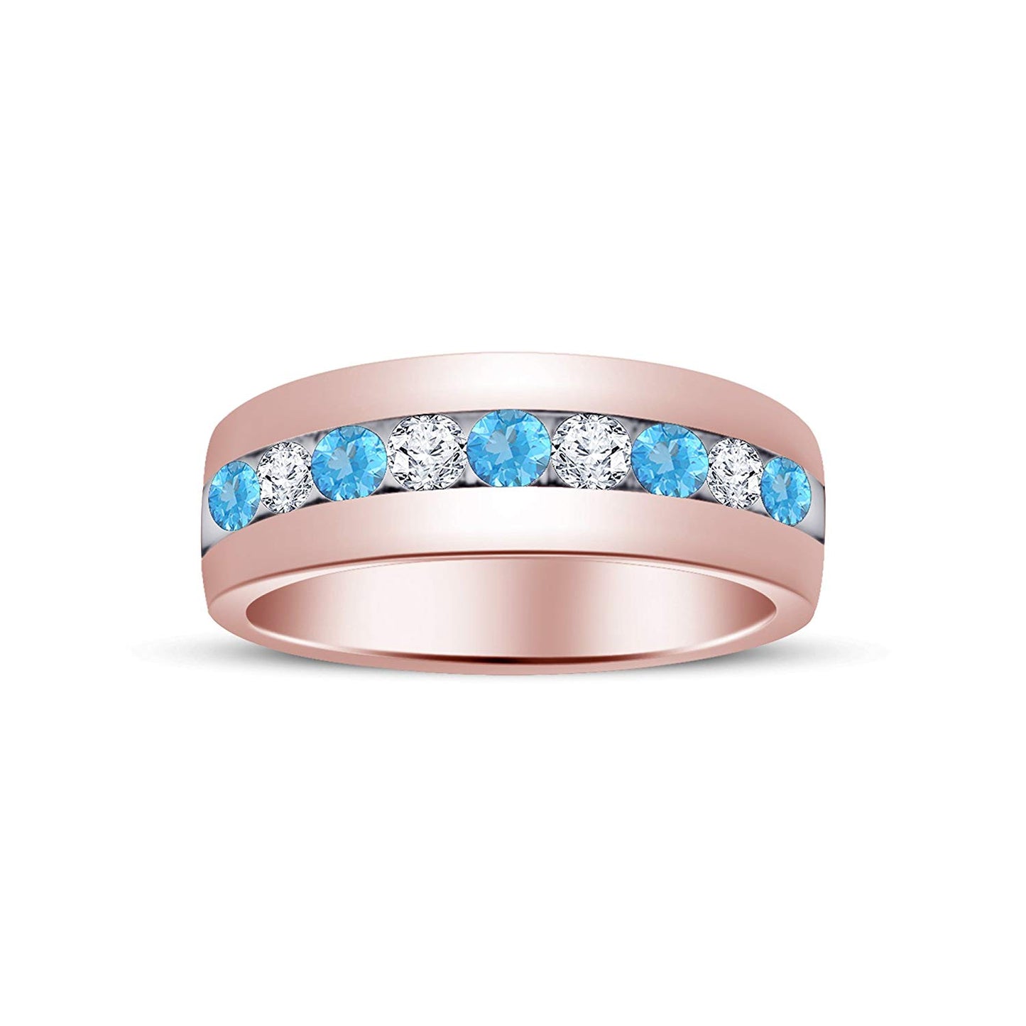 atjewels Round Cut Aquamarine & White CZ 14k Rose Gold Over .925 Sterling Silver Wedding Band Ring For Women's and Girl's For Diwali Special - atjewels.in
