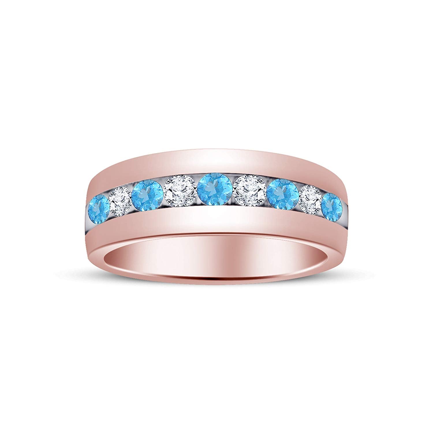 atjewels Round Cut Aquamarine & White CZ 14k Rose Gold Over .925 Sterling Silver Wedding Band Ring For Women's and Girl's For Diwali Special - atjewels.in
