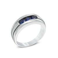 14K Two Tone Gold Over 925 Sterling Silver Round But Blue Sapphire Three Stone Engagement Ring For Men's - atjewels.in