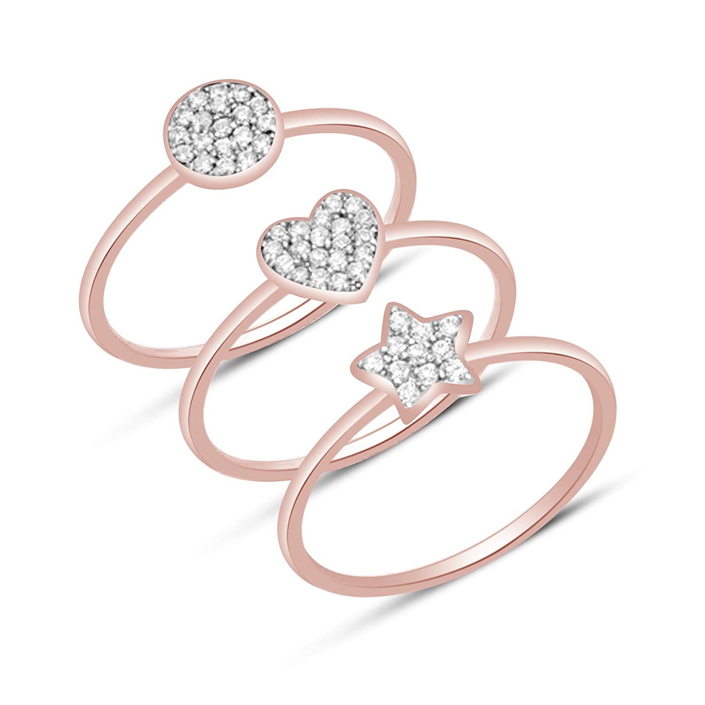 atjewels Round White Zirconia 14K Rose Gold Plated On 925 Sterling Silver Heart and Star Trio Ring MOTHER'S DAY SPECIAL OFFER - atjewels.in