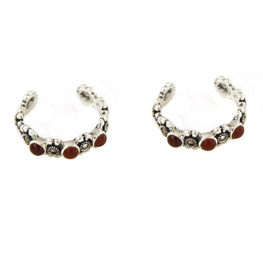 atjewels Round Red Onyx & Marcasite .925 Sterling Silver Flower Adjustable ToeRing For Women and Girls - atjewels.in