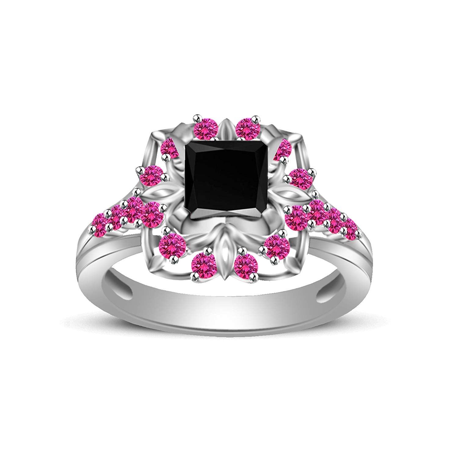 atjewels Princess & Round Cut Black Cubic Zirconia & Pink Sapphire .925 Sterling Silver Engagement Ring Size 8 For Women's and Girl's MOTHER'S DAY SPECIAL OFFER - atjewels.in