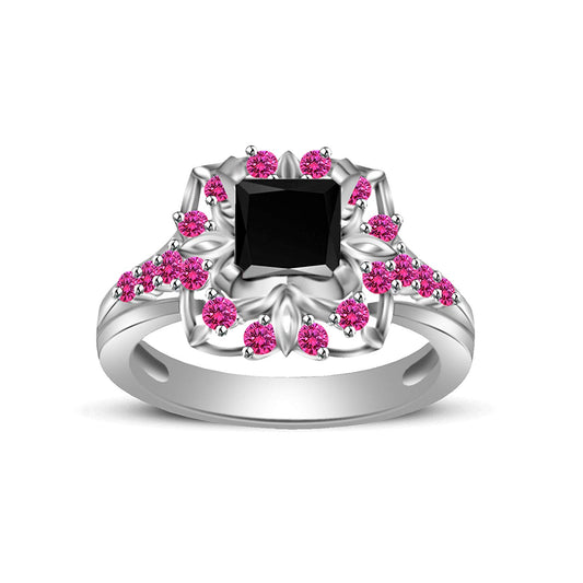 atjewels Princess & Round Cut Black Cubic Zirconia & Pink Sapphire .925 Sterling Silver Engagement Ring Size 8 For Women's and Girl's MOTHER'S DAY SPECIAL OFFER - atjewels.in