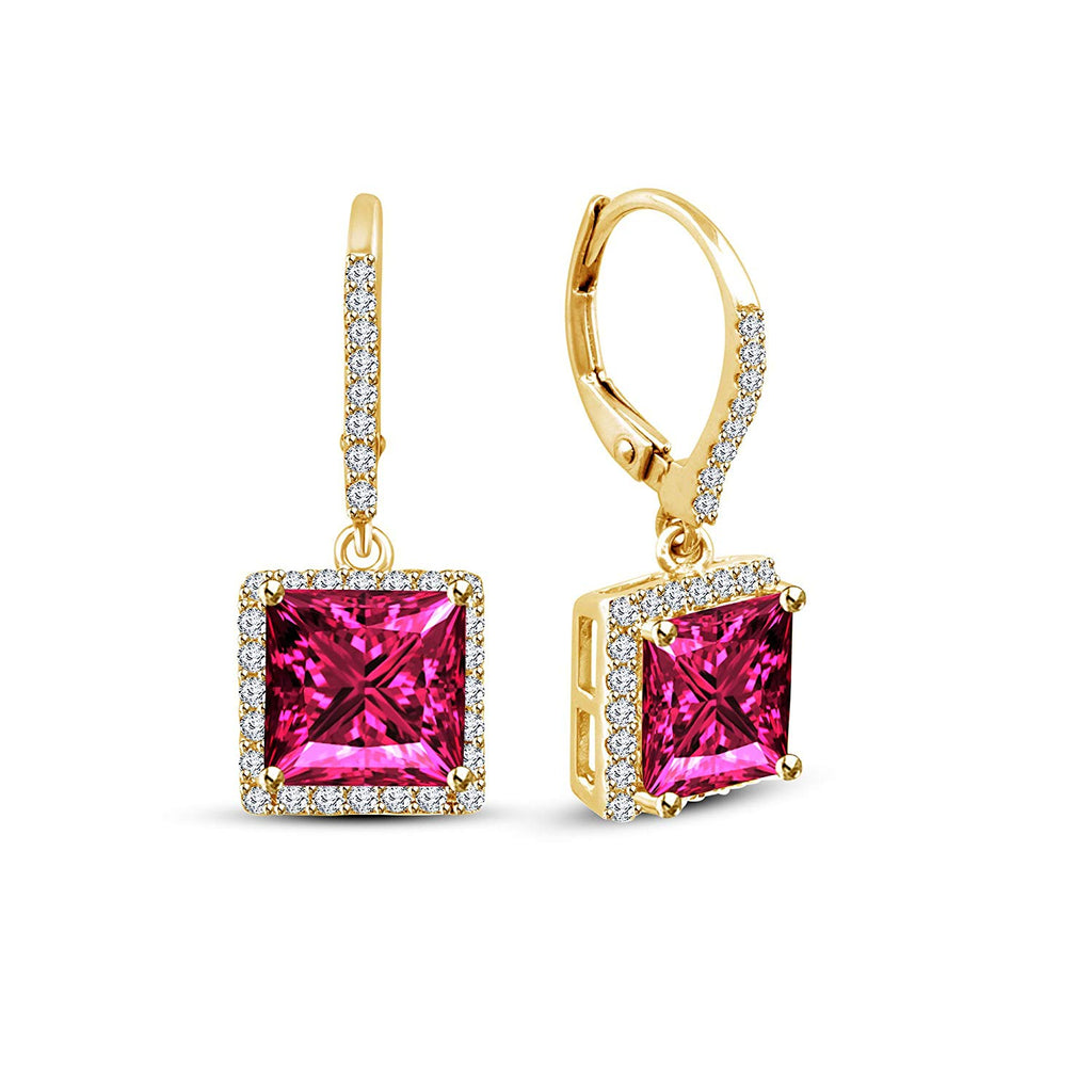 atjewels Princess Pink Sapphire and White CZ Yellow Gold Plated on Sterling 925 Lever Back Dangle Earrings For Women/Girls MOTHER'S DAY SPECIAL OFFER - atjewels.in