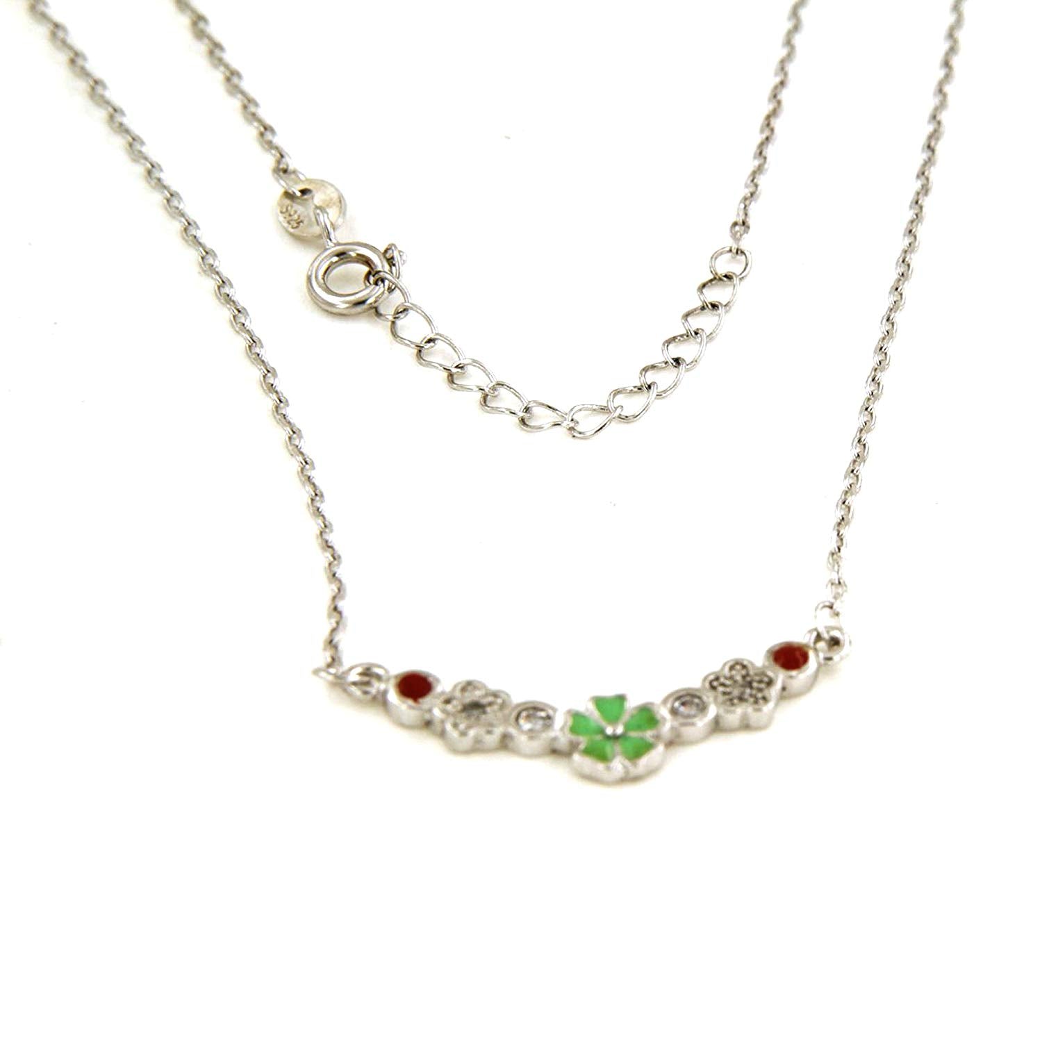 atjewels .925 Sterling Silver Round Cut White CZ & Enamel Flower Pendant w/ 14" Chain MOTHER'S DAY SPECIAL OFFER - atjewels.in