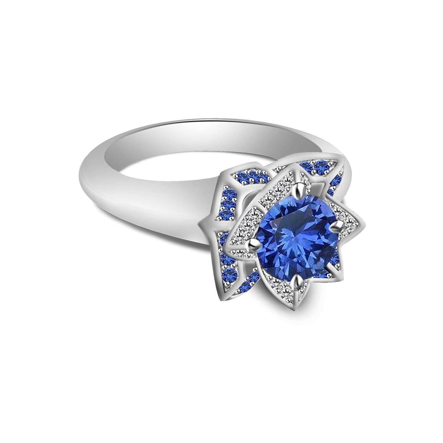 atjewels 925 Sterling Silver Round Blue Sapphire and White CZ  Princess Engagement Ring For Women's MOTHER'S DAY SPECIAL OFFER - atjewels.in