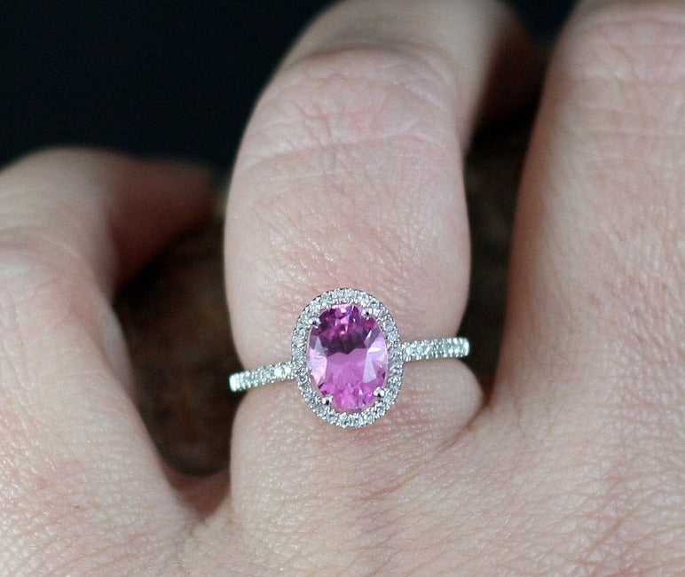 2 CT Oval Cut Pink Sapphire & Diamond 925 Sterling Silver Halo Anniversary Ring