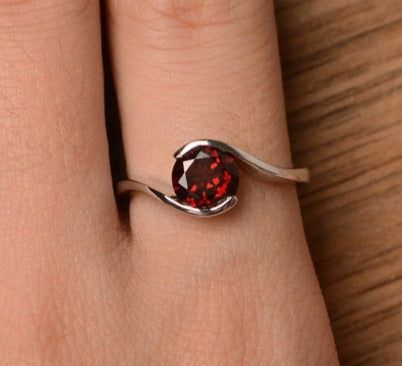 2 CT 925 Silver Sterling Red Garnet Round Cut Bypass Solitaire Engagement Ring