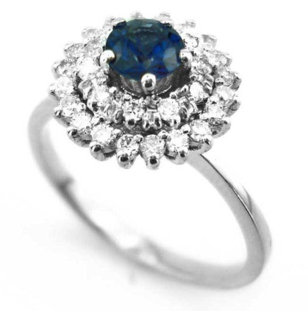 1 CT 925 Sterling Silver Blue Sapphire Round Cut Diamond Engagement Halo Ring