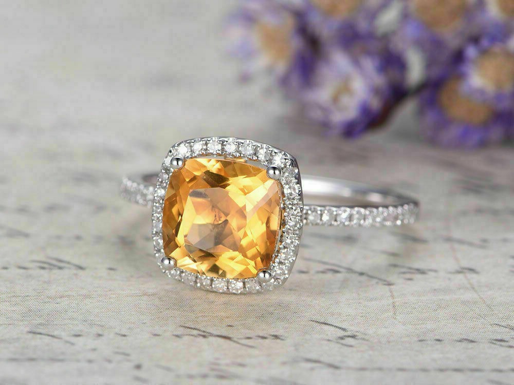 2.15 Ct Cushion Cut Citrine 925 Sterling Silver November Birthstone Halo Ring