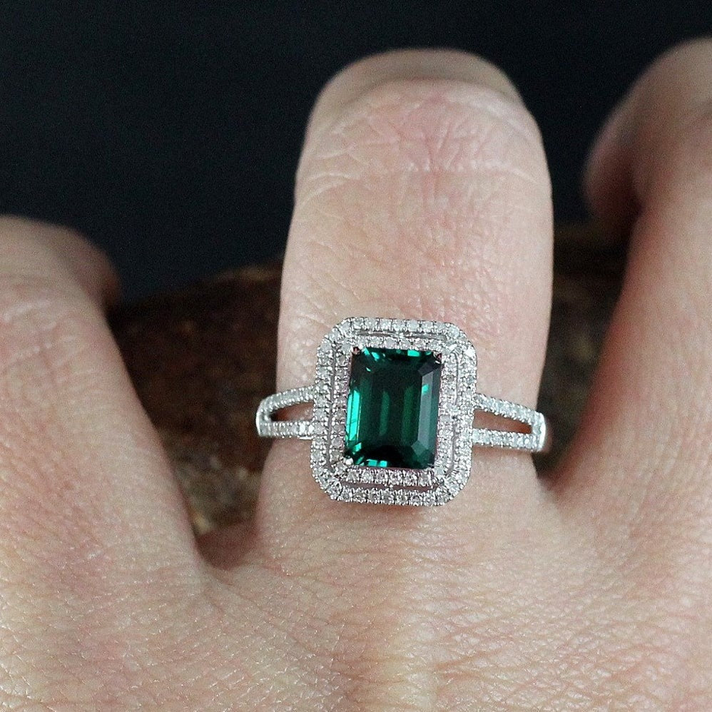 1 CT Emerald Cut Emerald Diamond 925 Sterling Silver Halo Anniversary Gift Ring