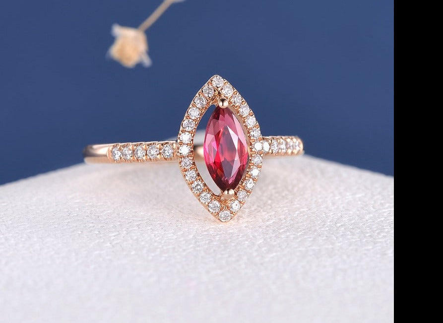 1.50 Ct Marquise Cut Red Ruby Rose Gold Over On 925 Sterling Silver Halo Anniversary Gift Ring